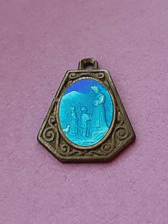 Vintage religious Catholic silver plated and blue… - image 1