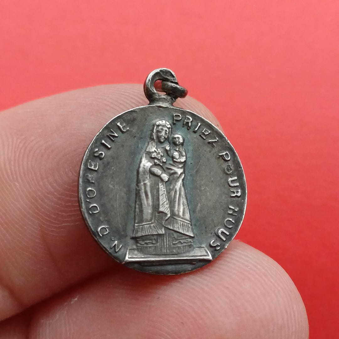 Vintage Religious Catholic French Floral Silver Plated Medal Pendant of ...