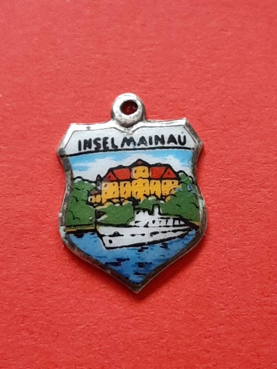 Vintage silver 800 and enameled travel shield charm of Insel Mainau Germany, Insel Mainau charm, vintage souvenir of Mainau Island Germany
