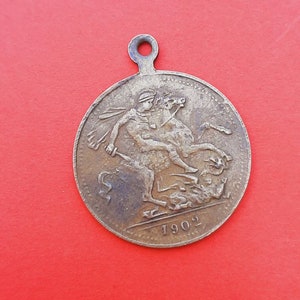 Old brass, 1902, medal pendant of Saint George slaying the Dragon and King Edward VII, Saint George charm