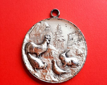 Grande ciondolo a medaglia vintage di piccoli animali, animali da fattoria, mostra di animali Belgio, souvenir Bertrix