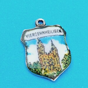 Vintage silver and enamel travel shield charm of Vierzehnheimen, Bavaria Germany, enamel souvenir Vierzehnheimen, crest Bavaria