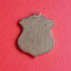 May include: A blank, shield-shaped metal pendant with a loop at the top. The pendant is a light brown color and has a slightly textured surface.