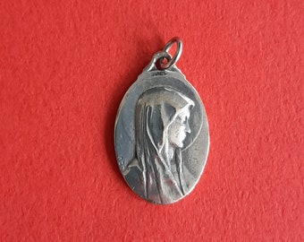 Religious French Catholic vintage, signed OBC, silvered oval medal pendant of Notre Dame de Lourdes France, Our Lady of Lourdes