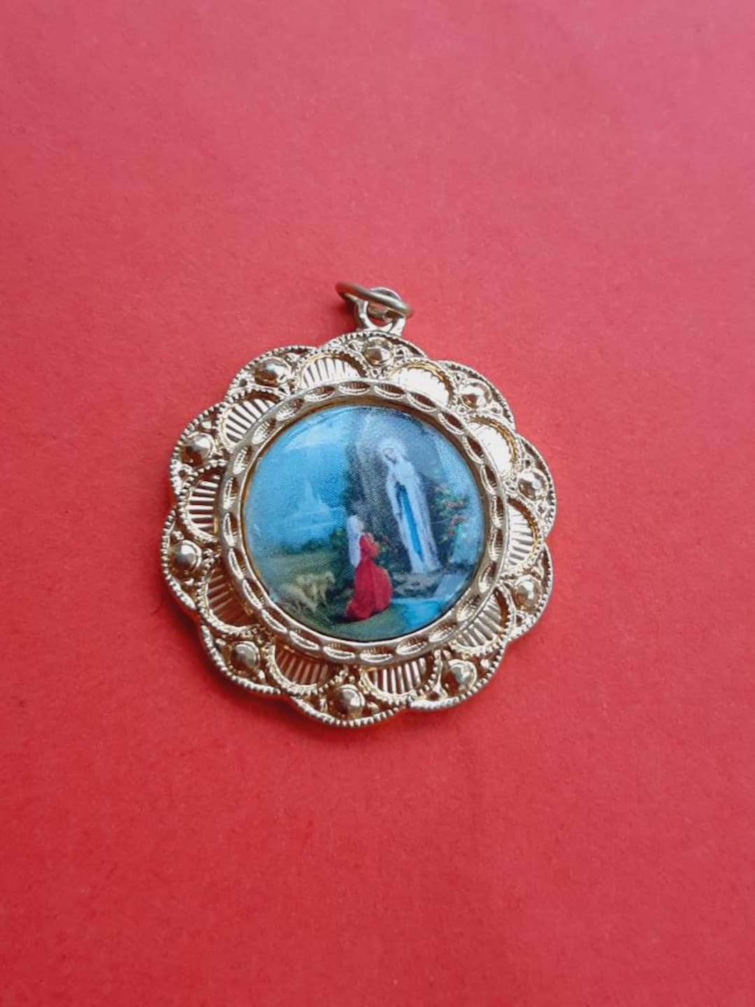 Vintage Religious Catholic French Gold Plated Medal Pendant of Our Lady ...