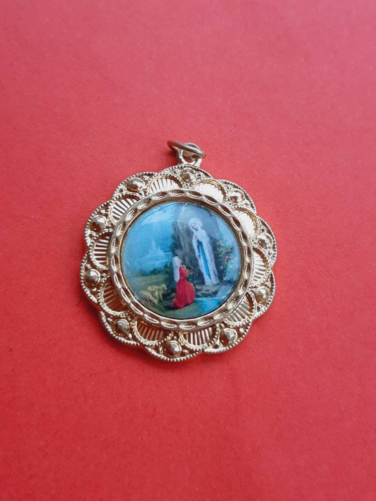 Vintage religious Catholic French gold plated medal pendant of Our Lady and Saint Bernadette, old Lourdes France charm, souvenir Lourdes