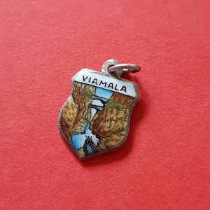 Vintage silver 800 and enamel Via Mala travel shield charm, souvenir Via Mala of Viamala, Switzerland, Via Mala Schweiz