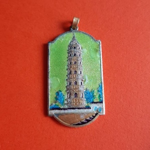 Vintage brass and colorful enameled Pagoda charm, old enamel Pagoda charm, old enameled spiritual charm