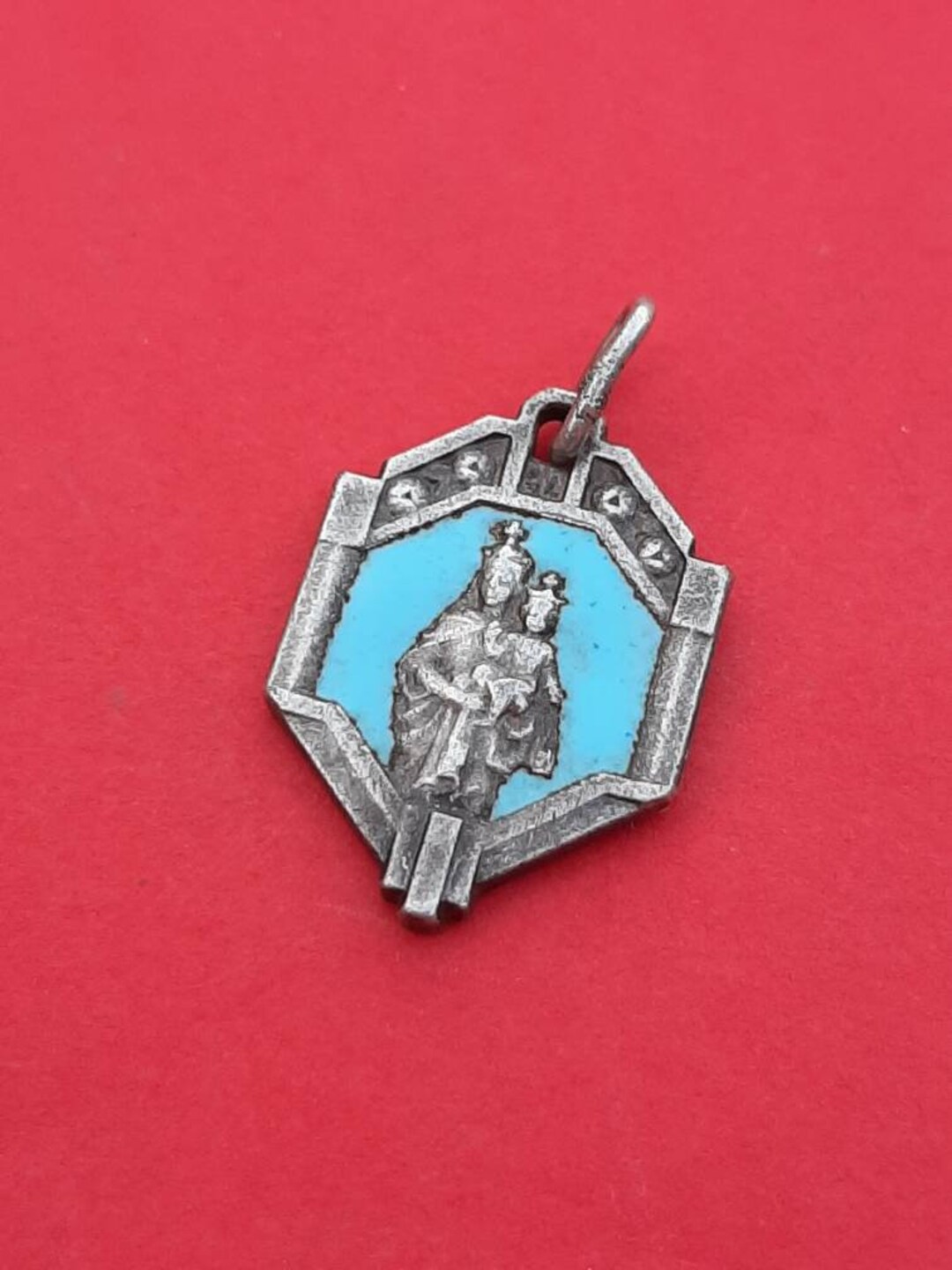 Vintage Religious Catholic French Blue Enamel Medal Pendant of Crowned ...