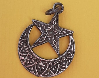 Vintage silver plated carved star and moon pendant charm, vintage moon pendant charm with hearts