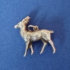 Op de afbeelding: Een gedetailleerde, zilverkleurige hertenhanger. De kleine bedel staat in een staande houding, met het hoofd iets naar links gedraaid. De hanger heeft een lus aan de bovenkant om aan een ketting of armband te bevestigen. De achtergrond is effen blauw.