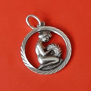 Vintage Dutch rare silver marked disc charm Virgin, vintage silver Virgo necklace, old Virgo charm, constellation charm