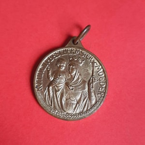 Vitage religious large Dutch brass medal pendant charm of Our Lady with Child, medal of the Congregation of Mary, Immaculate Queen, CMRI
