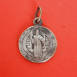 Vintage religious French Catholic tiny medal pendant of Saint Benedict, St Benoit, St Benedictus, Saint Benedict medal, Pax medal pendant