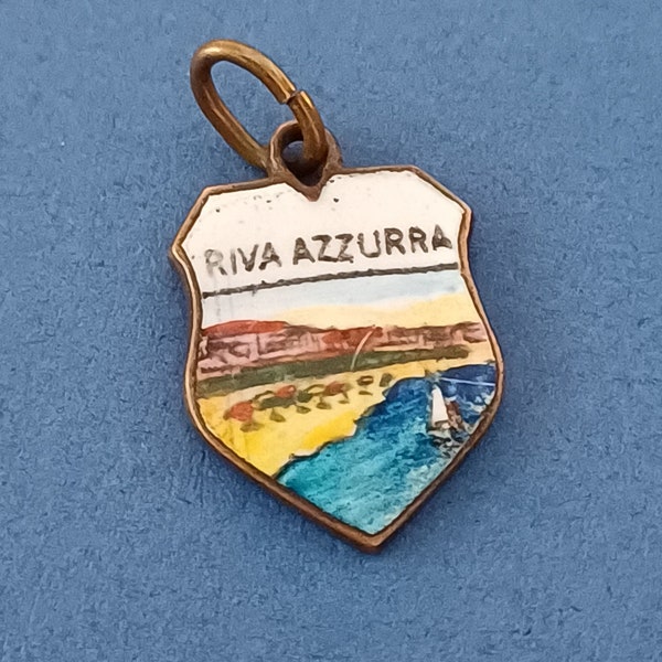 Vintage Italian enamel Riva Azzurra travel shield charm, vintage Riva Azzurra Italy charm