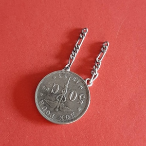 Antique Belgium silver plated coin medal pendant charm of Belgium, 50 Centimes, 1933
