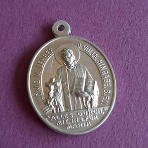 Vintage religious Catholic German aluminum medal pendant of Saint Louis, St Ludwig St Lou, St Louie, Chlodwig, Lovis, Ludovi and Our Lady