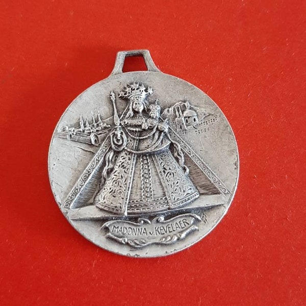 Vintage religious Catholic German very detailed silver plated medal pendant of Our Lady of Kevelaer and text Gott schütze Dich