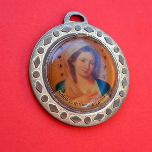 Vintage religious Catholic large colorful medal pendant charm of Our Lady, Our Lady of Lavina charm, S Maria Ritornata medal pendant