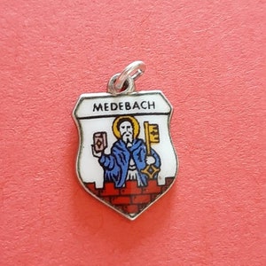 Vintage silver 800 and enamel charm of Medebach, Medebach Germany souvenir, Medebach necklace, travel shield Medebach