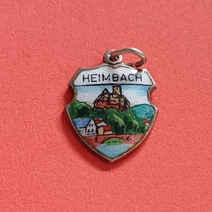 Vintage marked silver and enamel travel shield charm of Heimbach, Heimbach Germany, charm souvenir of Heimbach