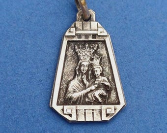Vintage religious Catholic detailed silver plated pendant charm of Our Lady with Crown, Mother Mary and Child Jesus, Jesus Christ charm