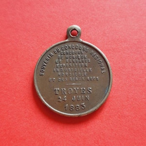 Antique bronze medal pendant Republique Francaise, souvenir du Concours Regional Troyes 24 June 1883, French exposition