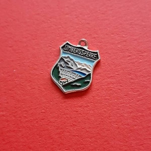 Vintage silver plated painted Limbergsperre Kaprun Austria travel shield charm, Limbergsperre souvenir charm