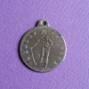 Old French copper coin pendant, Récompense à la force, gloire honneur