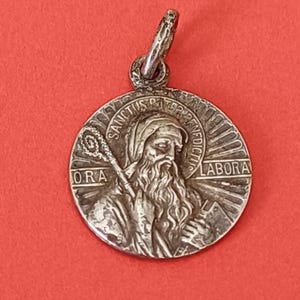 Vintage religious Catholic silver plated medal pendant of Saint Benedict and Saint Hubert, St Benoit, St Benedictus, St Hubertus charm