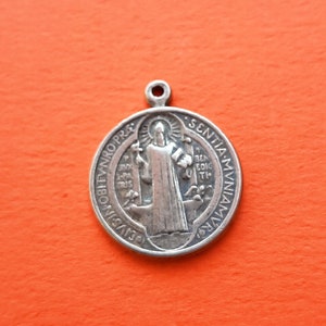 Vintage religious Catholic medal pendant charm of Saint Benedict, St Benoit, St Benedictus, Saint Benedict medal pendant