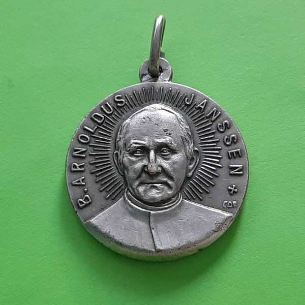 Vintage religiöser katholischer signierter Medaillenanhänger von B. Arnoldus Janssen und Jesus Heiliges Herz, Veni Sancte Spiritus, Heiliger-Geist-Medaille