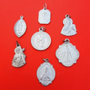 Assortment vintage religious Catholic aluminium medal pendants, Our Lady charms, old religious diy mix