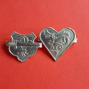 Peut inclure: Deux breloques en métal argenté, l'une en forme de bouclier avec un design de fleur de lys et d'épée, l'autre en forme de cœur avec un design de dragon.