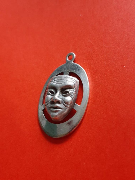 Vintage silver plated openworked mask of mime cha… - image 3