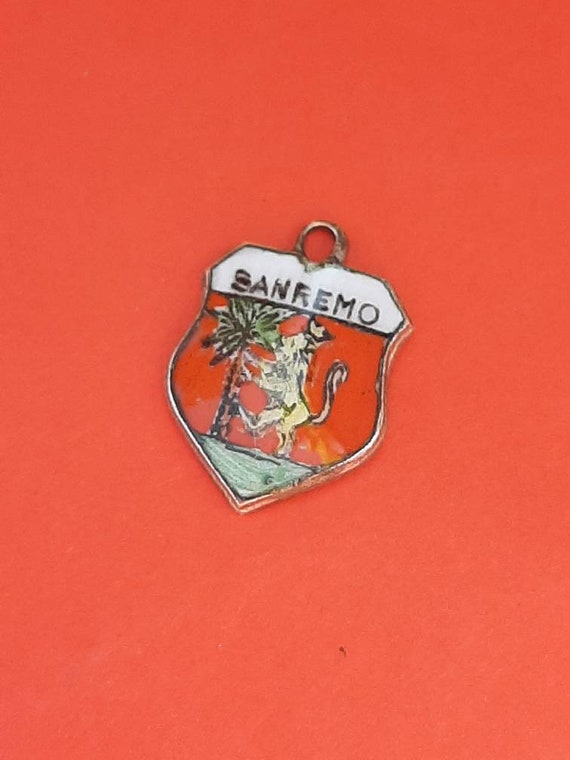 Vintage Italian silver 800 marked and enamel travel shield charm of San Remo, San Remo Italy souvenir