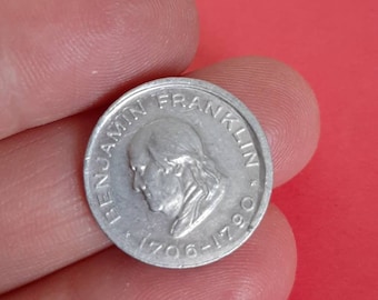 Ficha vintage de aluminio plateado de Benjamin Franklin, recuerdo conmemorativo de Benjamin Franklin.