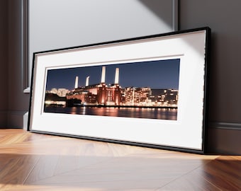 Battersea Power Station Panoramic Print | London Night Cityscape Wall Art | Thames River Photography