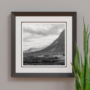 May include: Black and white framed print of a mountain landscape. The artwork features a valley with a river, mountains, and a cloudy sky. The frame is dark brown, and a snake plant is in the foreground.