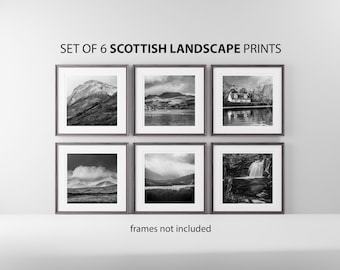 Set of 6 Black & White Scottish Mountain Wall Art Prints