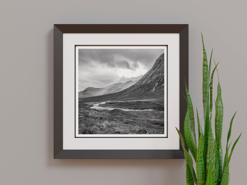 May include: Black and white framed print of a mountain landscape with a river winding through a valley. The artwork is displayed on a gray wall, with a green plant in the foreground.