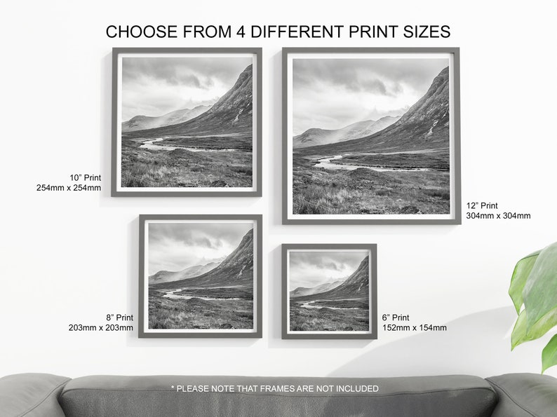 May include: Four framed landscape prints in varying sizes, from 6" to 12", are displayed on a white wall. The black and white images depict a river winding through a mountainous terrain under a cloudy sky. The text "CHOOSE FROM 4 DIFFERENT PRINT SIZES" is at the top.
