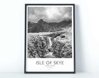 Fairy Pools, Isle of Skye – Black & White Travel Poster Print
