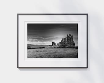 Whitby Abbey Print Black and White – Gothic Yorkshire Ruins Wall Art, Monochrome Landscape Photo