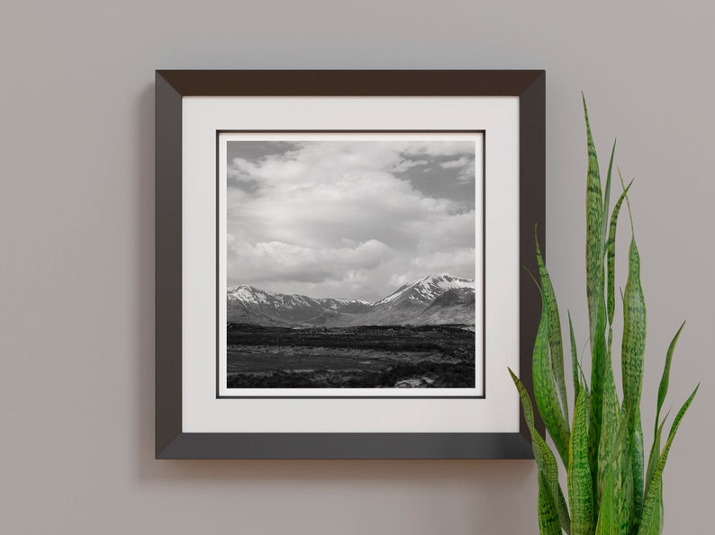 May include: Black and white framed print of a mountain landscape. The photograph features snow-capped mountains under a cloudy sky. The frame is dark brown, and the print is matted with a white border. A green plant is visible on the right.