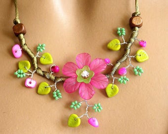 Pink and Green Flower necklace