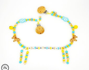 Stroller chain with name-fish/horse in beige/yellow/turquoise