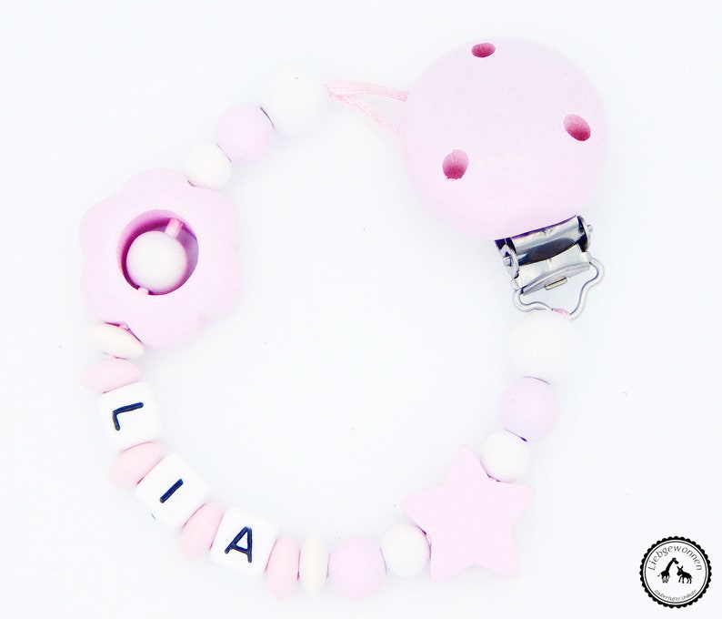 Pacifier necklace with name flower/star in pink/white image 1