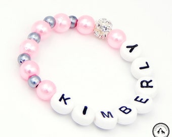 Armband/Babyarmband mit Namen - Glitzerkugel in rosa/silber