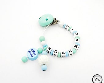 Pacifier necklace with name - Crochet Pearl/Little Brother in baby blue/mint/white - e.B. Maximilian